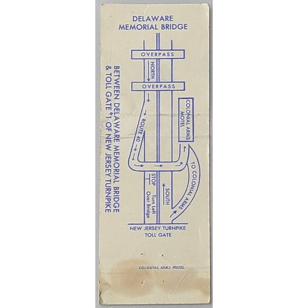 Front Strike Matchbook Cover Colonial Arms Motel Penns Grove NJ Map on Back - Picture 3 of 5
